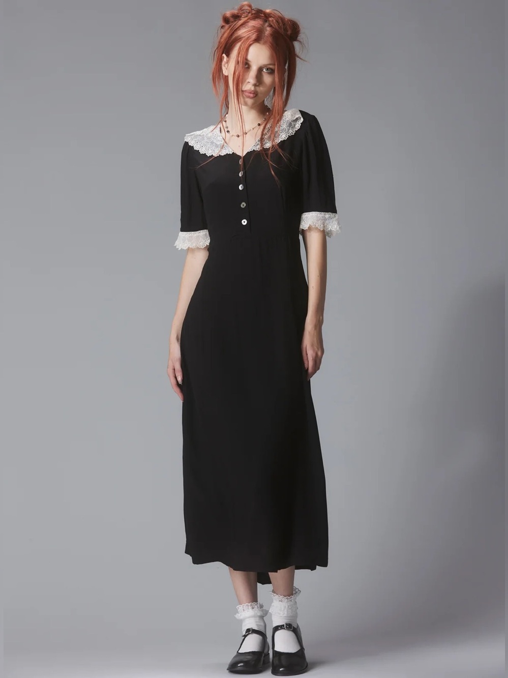 UNIF Delphine Dress Black Size S Dark Coquette Romantic Goth Vamp Lace Midi